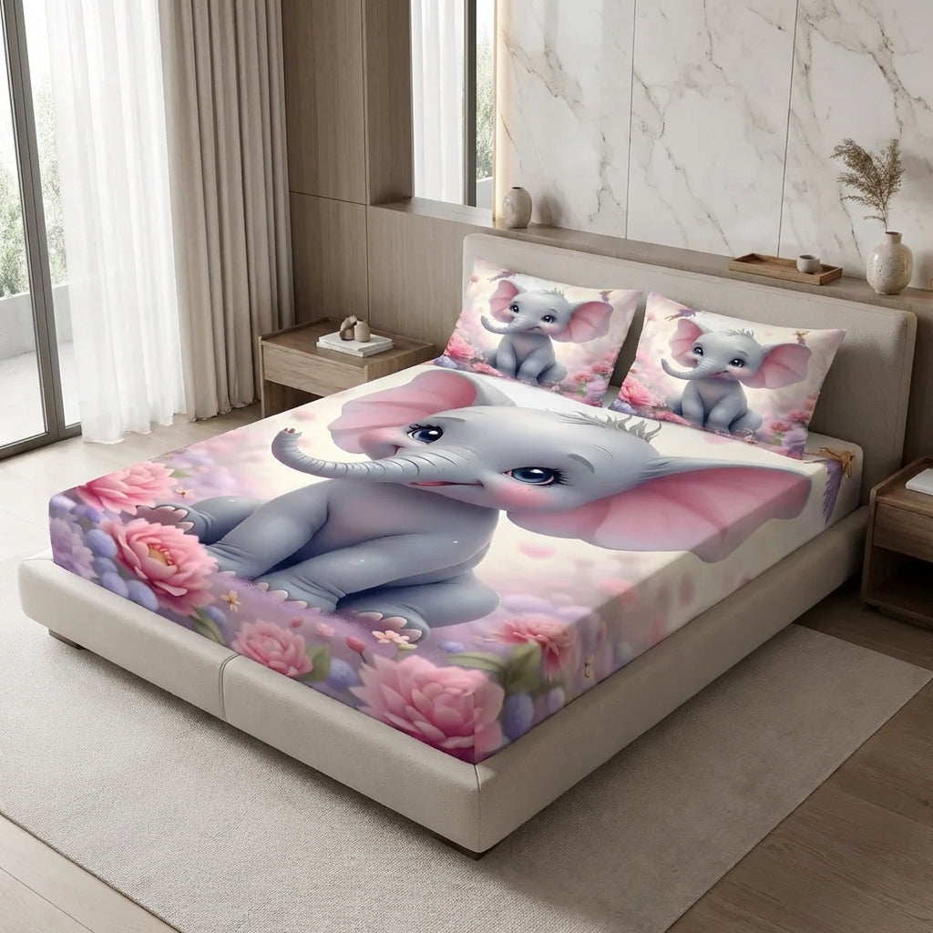 Fairy Tale Baby Elephant 7D Bedsheet Set – Pink