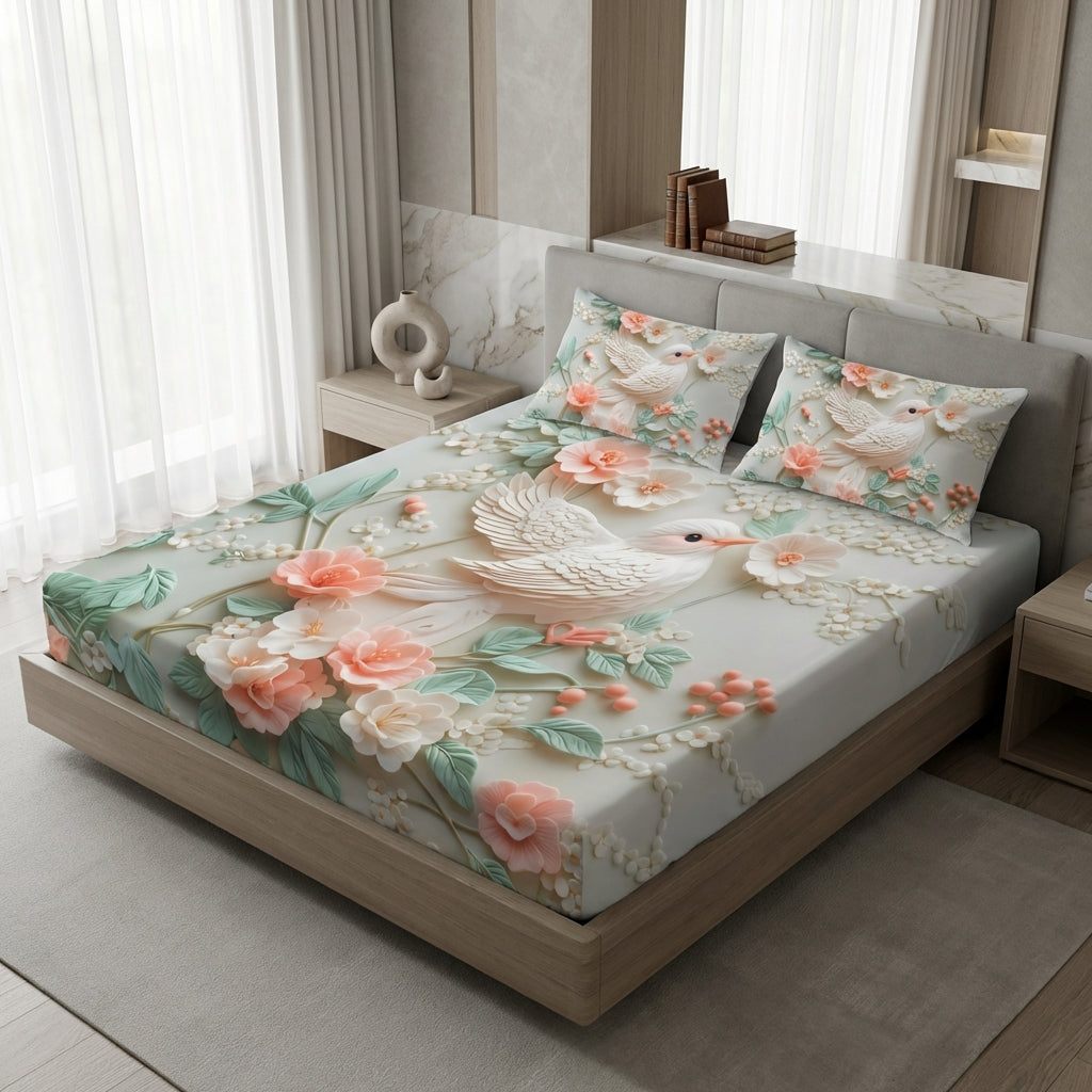 Fairy Tale Bird 7D Bedsheet Set – Ivory Peach