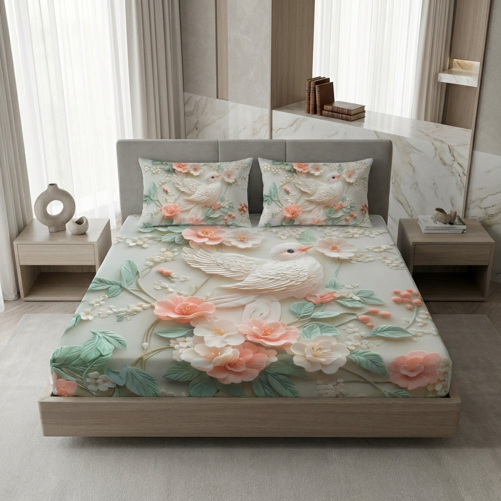 Fairy Tale Bird 7D Bedsheet Set – Ivory Peach