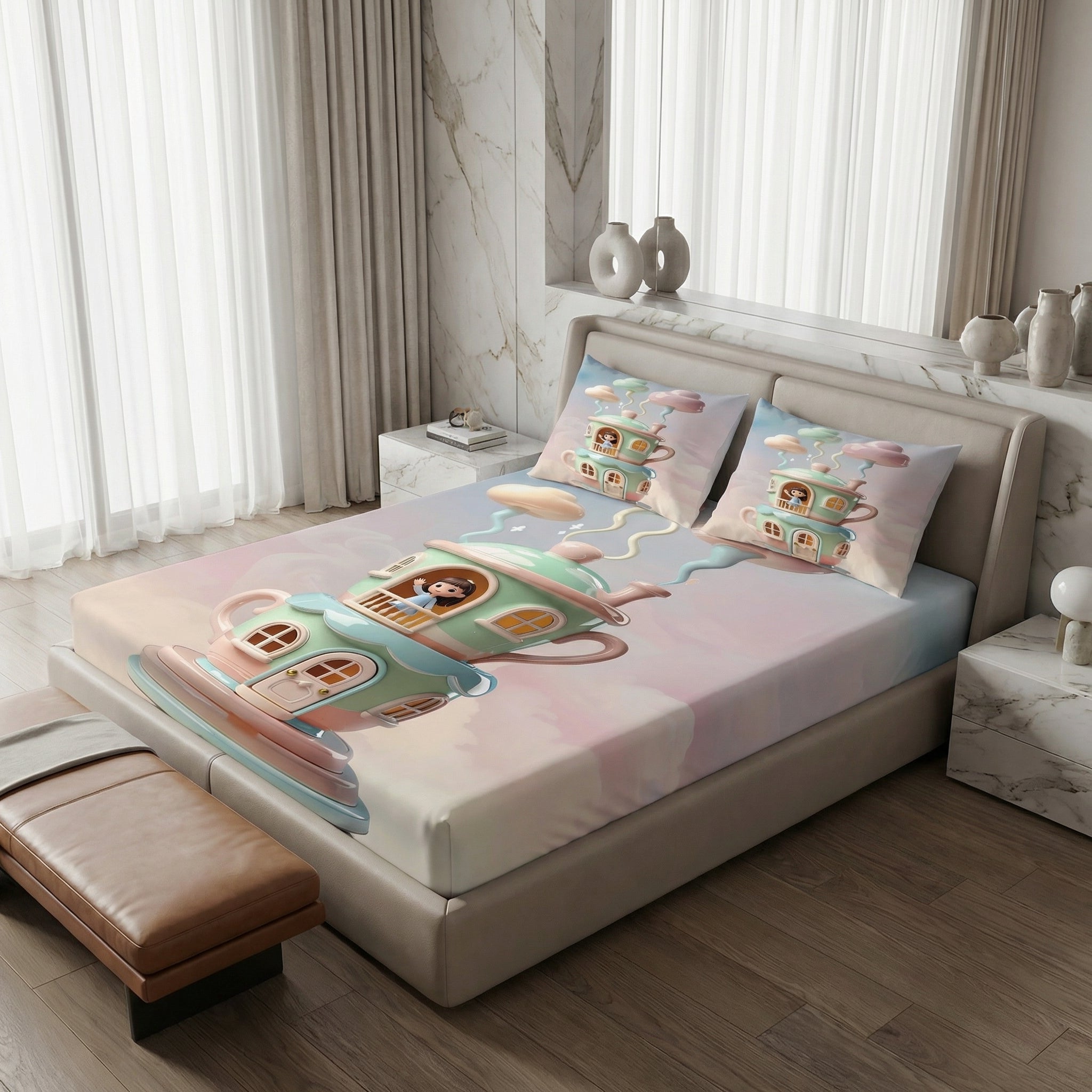Fairy Tale Tea House 7D Bedsheet Set - Cream
