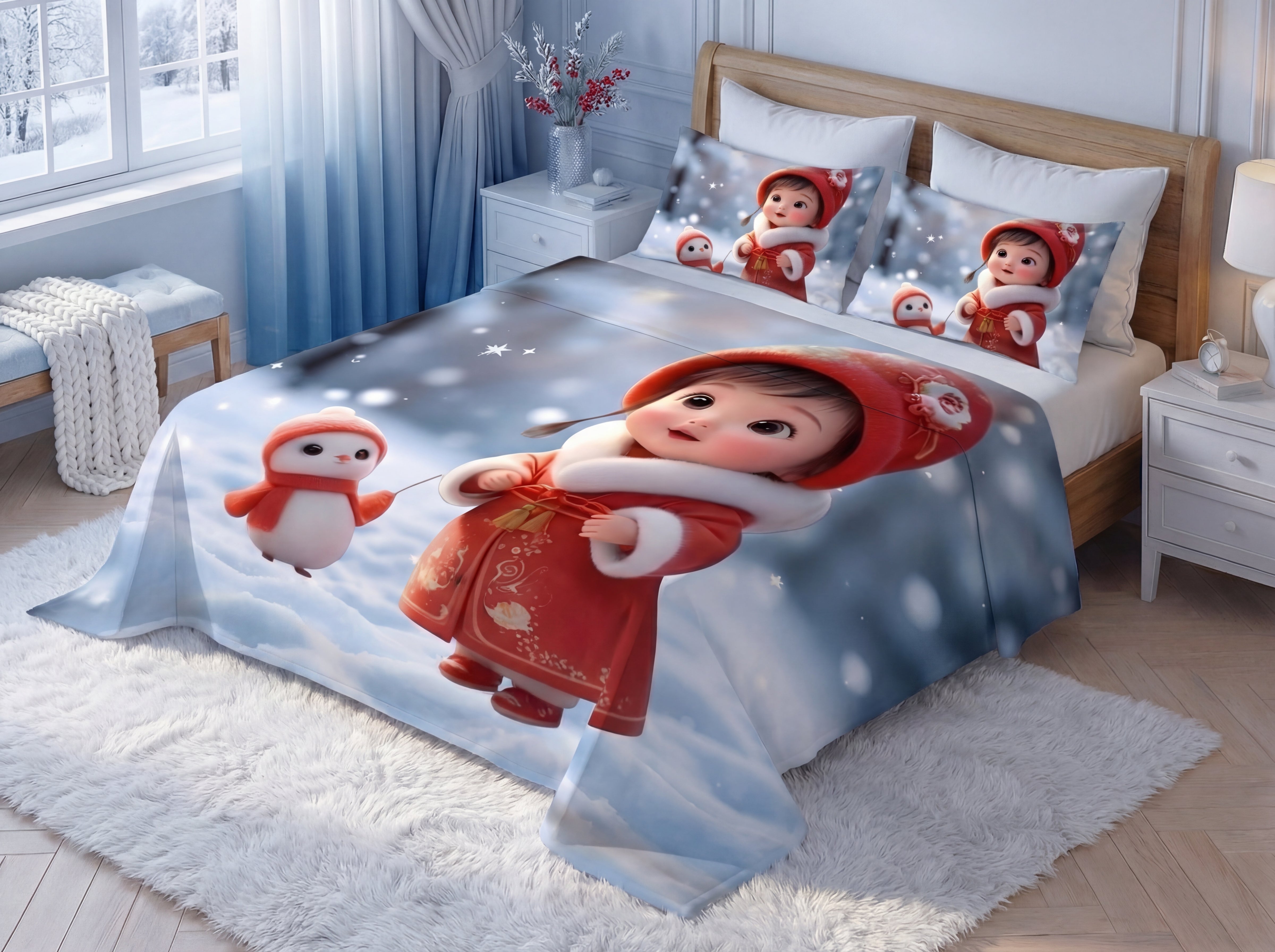 Fairy Tale Snow Baby 7D Bedsheet Set - (red blue)