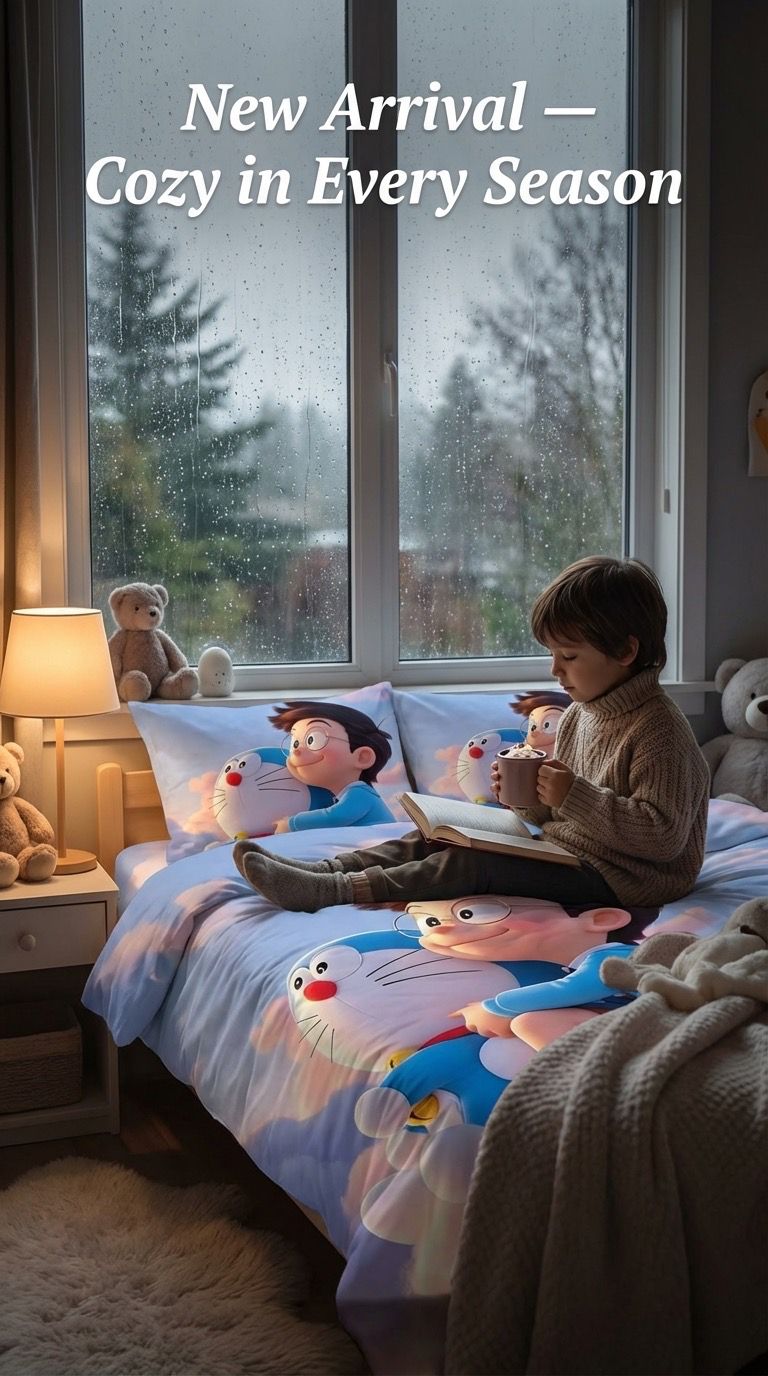 Child in bed with teddy bears and cartoon bedding, window showing rainy day outside.