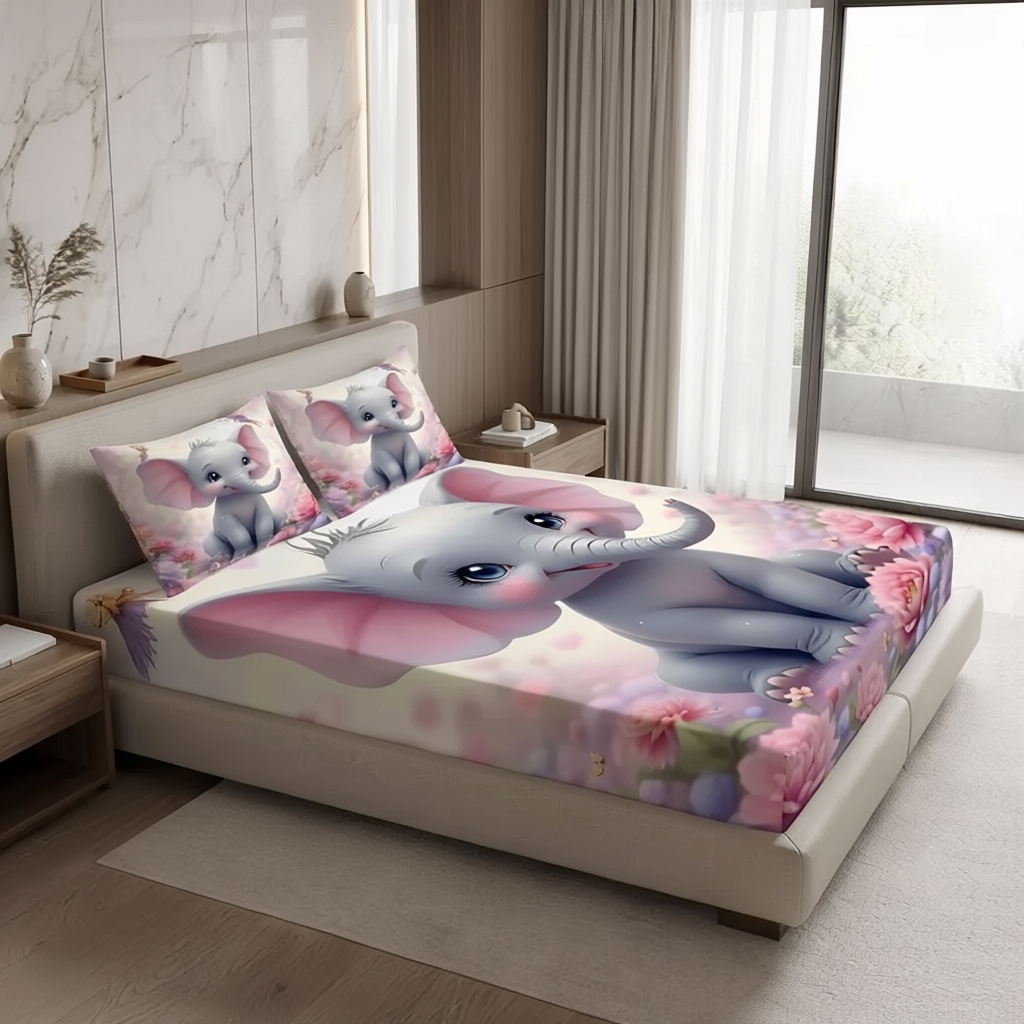 Fairy Tale Baby Elephant 7D Bedsheet Set – Pink