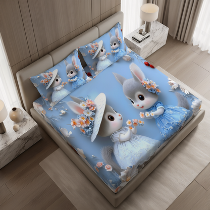 Fairy Tale Cute Rabbit 7D Bedsheet Set – Blue