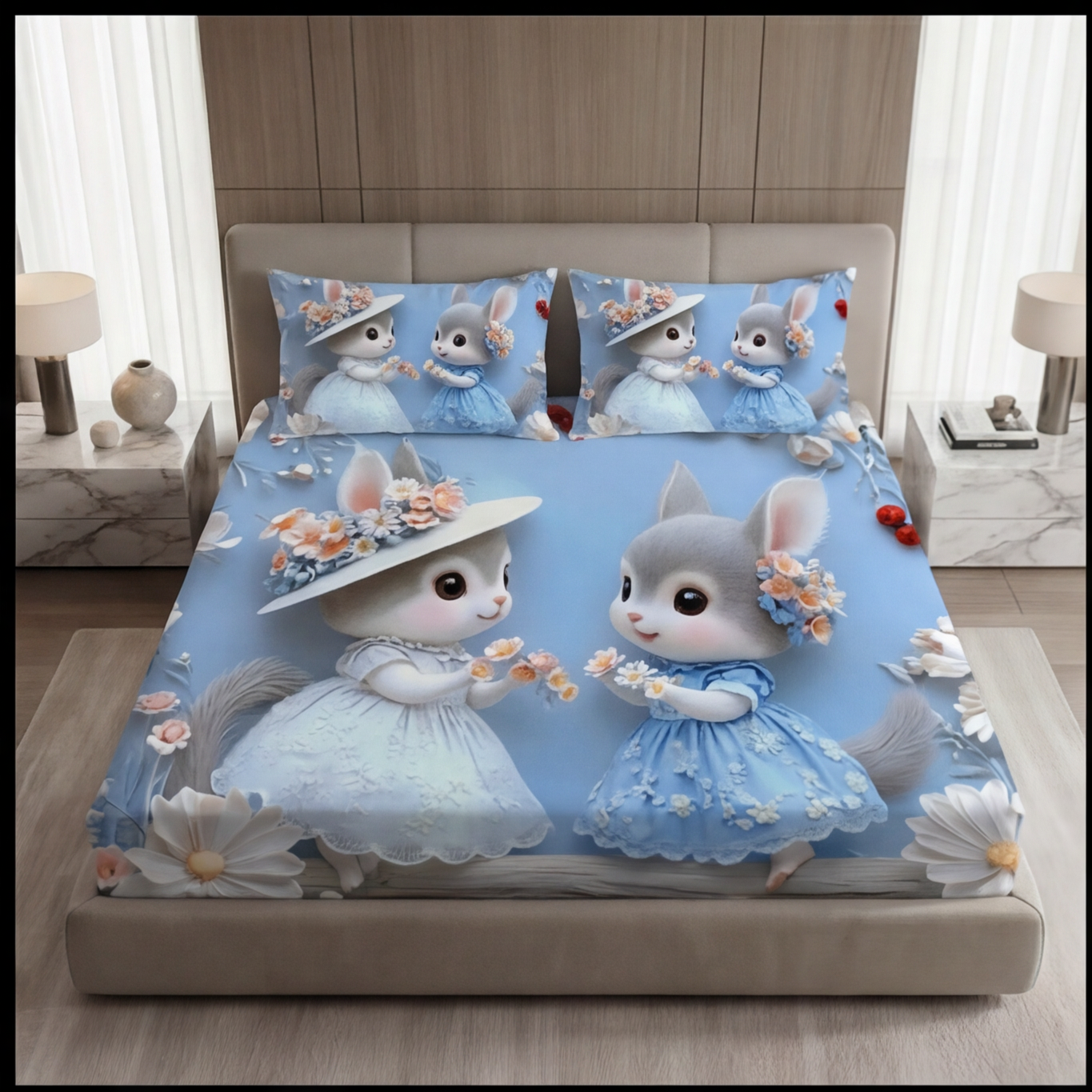 Fairy Tale Cute Rabbit 7D Bedsheet Set – Blue