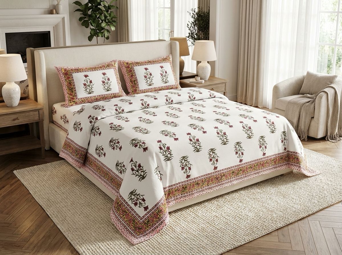 Mundari - 350 TC Handblock Pure Cotton Bedsheet Set