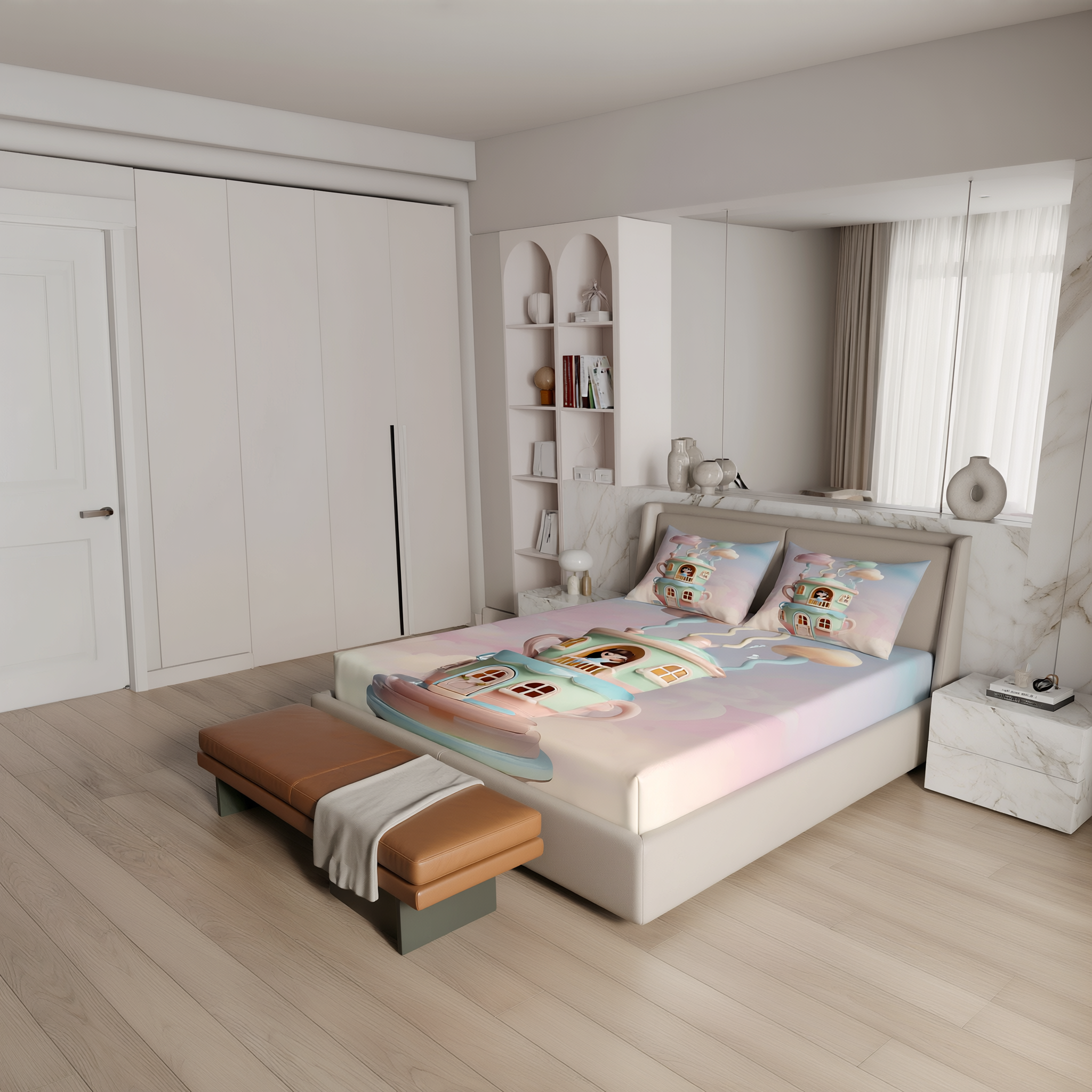 Fairy Tale Tea House 7D Bedsheet Set - Cream