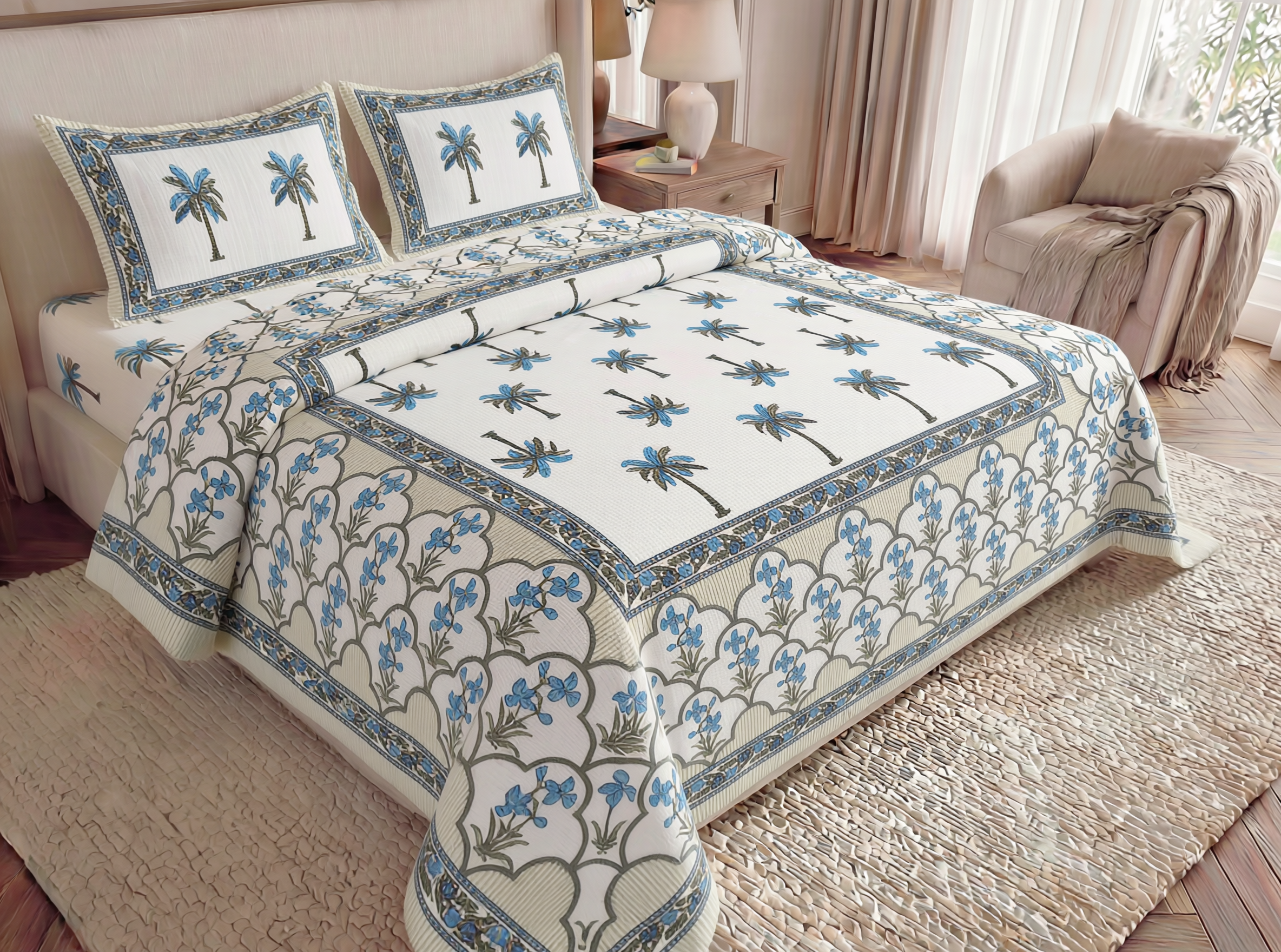 Floral - 350 TC Handblock Pure Cotton Bedsheet Set