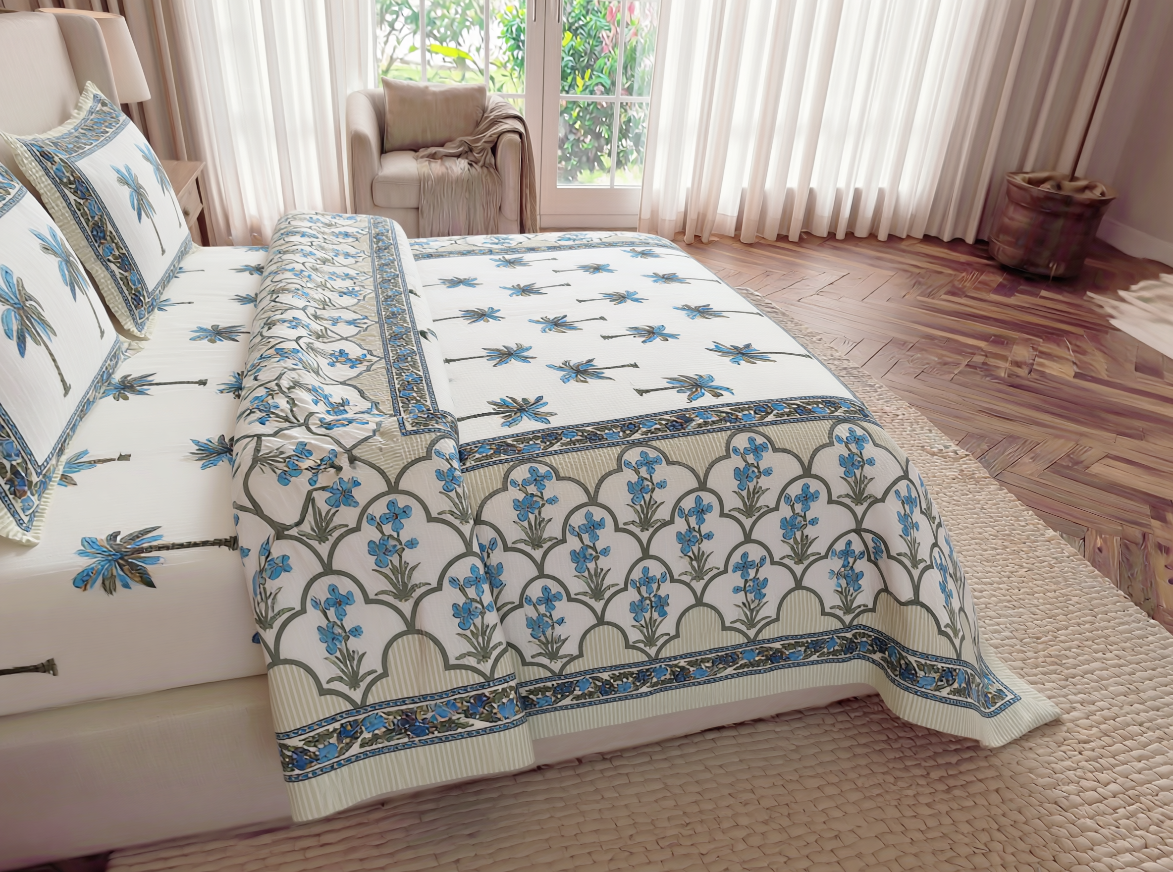 Floral - 350 TC Handblock Pure Cotton Bedsheet Set