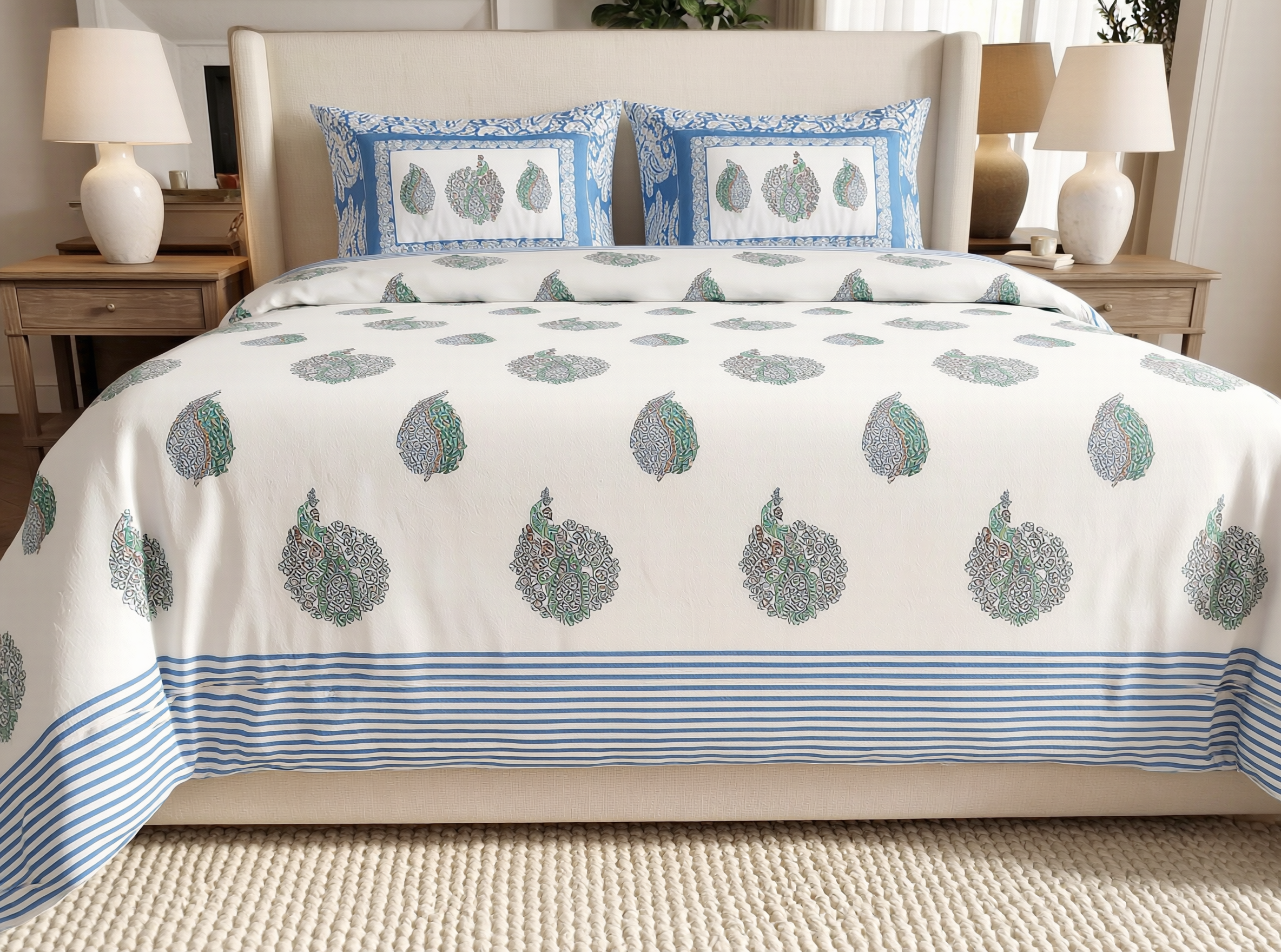 Chandragupta - 350 TC Handblock Pure Cotton Bedsheet Set