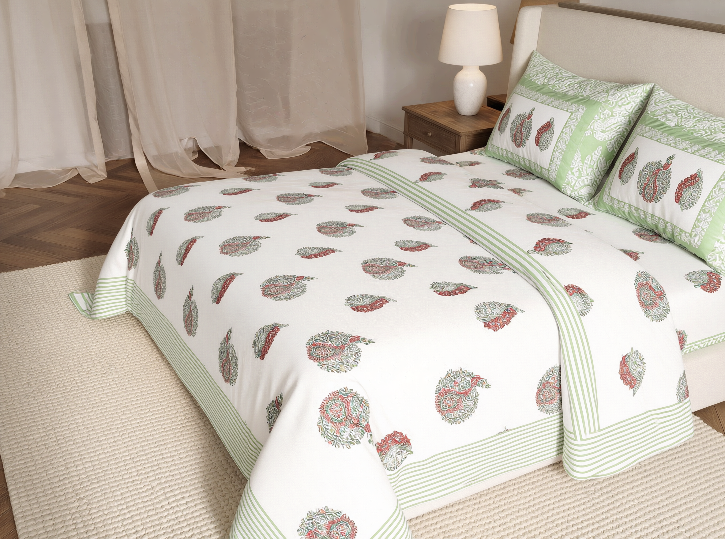 Prabhavati - 350 TC Handblock Pure Cotton Bedsheet Set