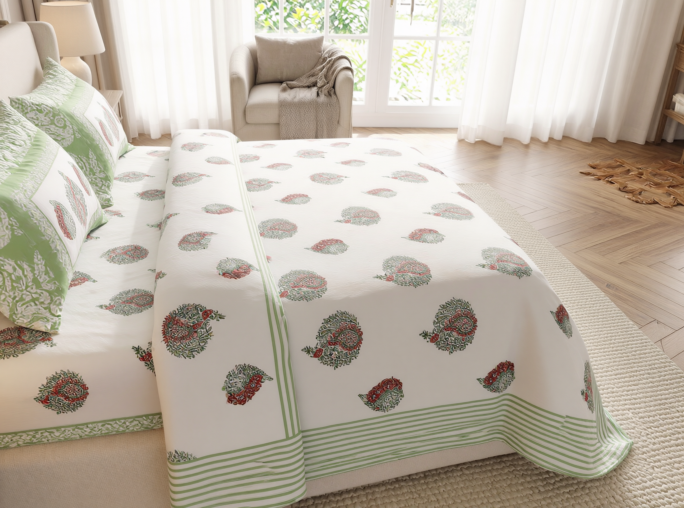 Prabhavati - 350 TC Handblock Pure Cotton Bedsheet Set