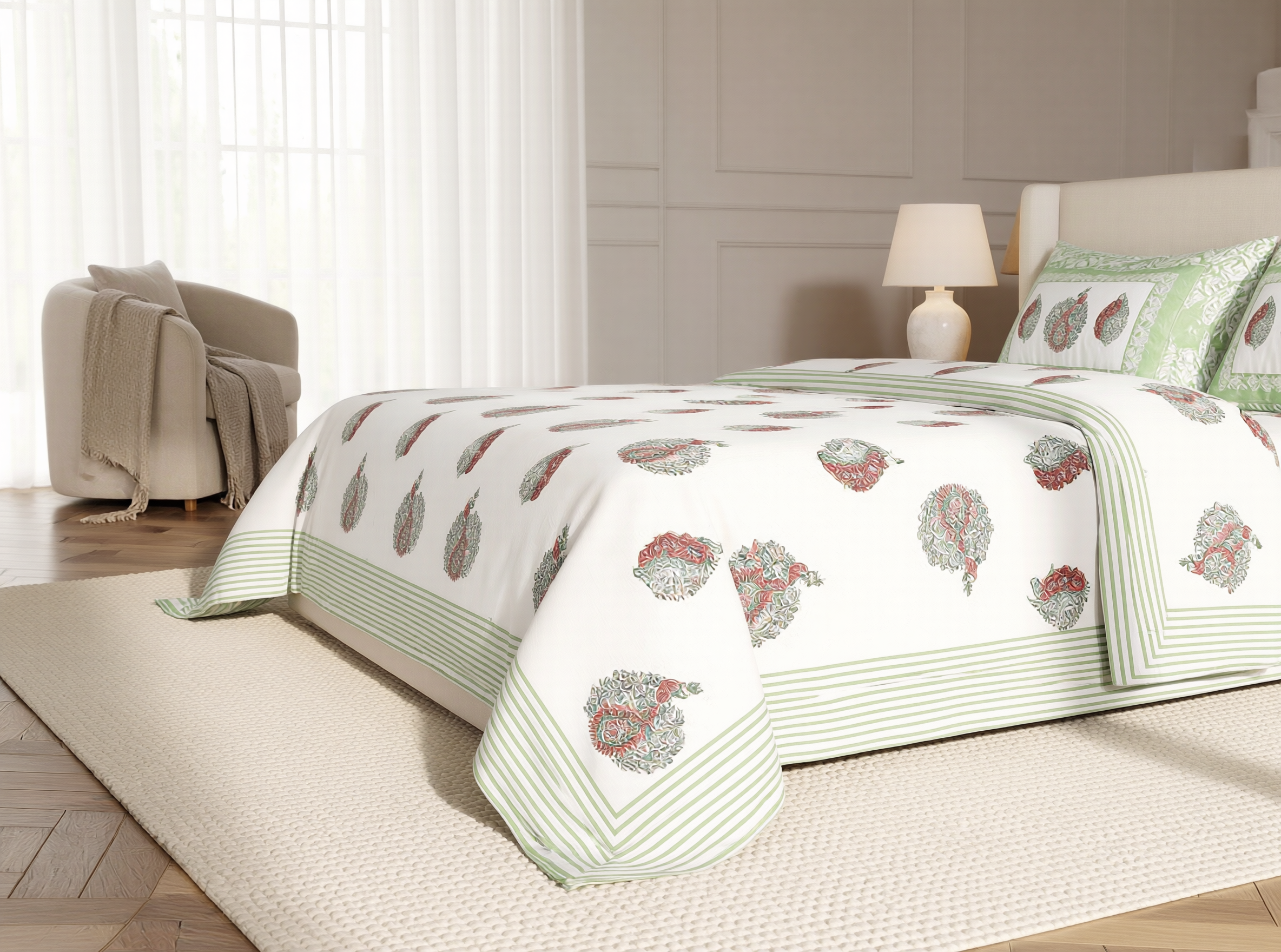 Prabhavati - 350 TC Handblock Pure Cotton Bedsheet Set