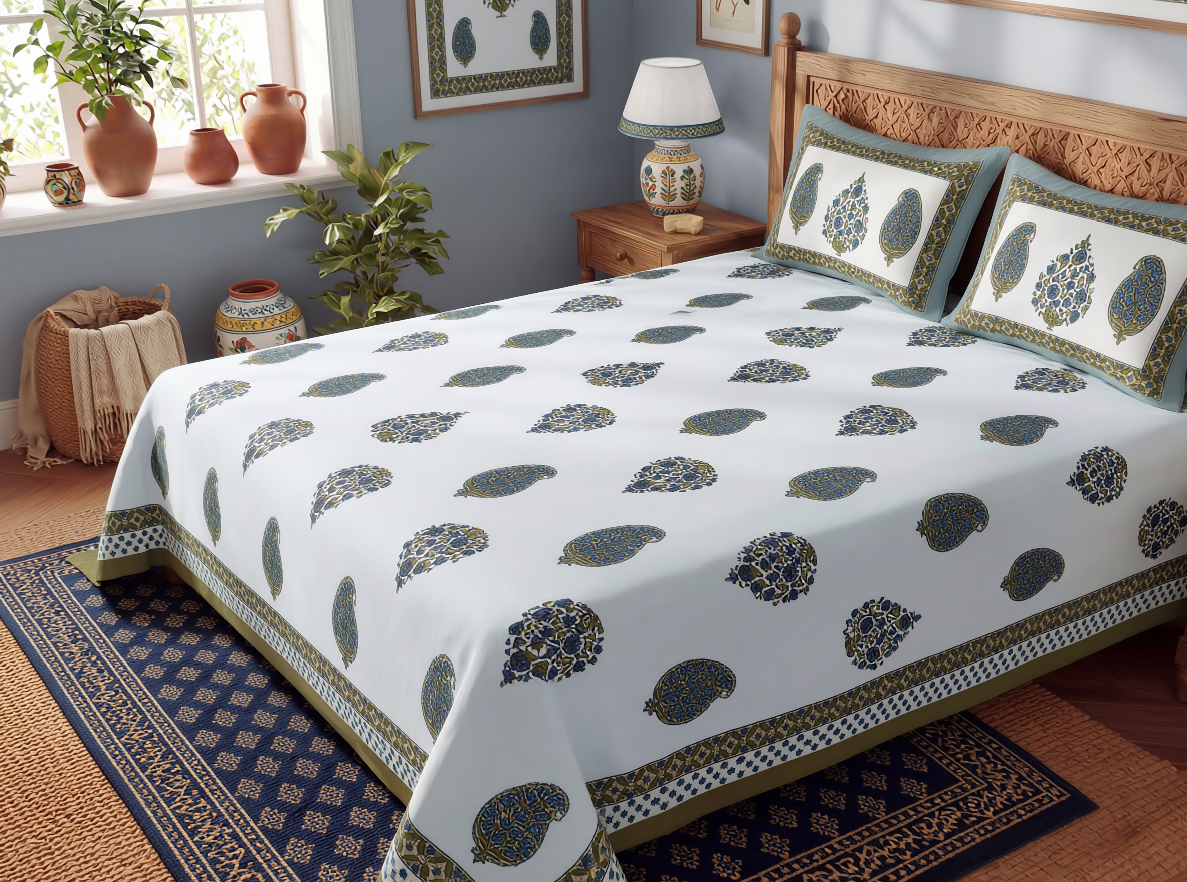 Sanju - 350 TC Handblock Printed Pure Cotton Bedsheet Set