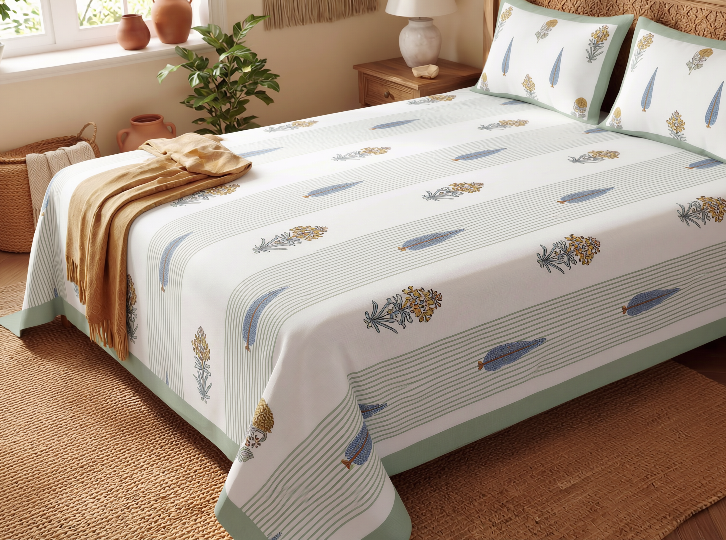 Rajsi - 350 TC Handblock Pure Cotton Bedsheet Set