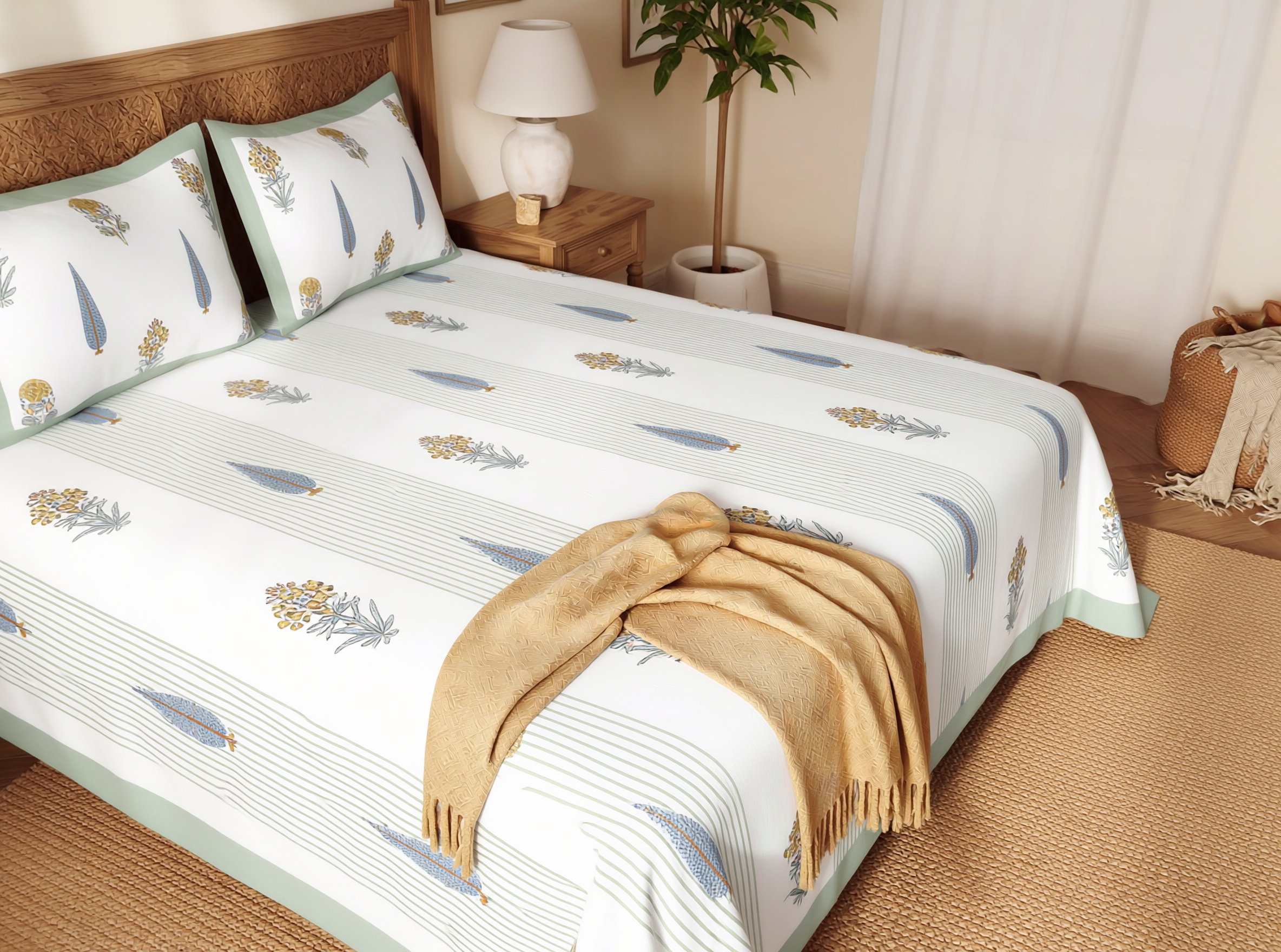 Rajsi - 350 TC Handblock Pure Cotton Bedsheet Set