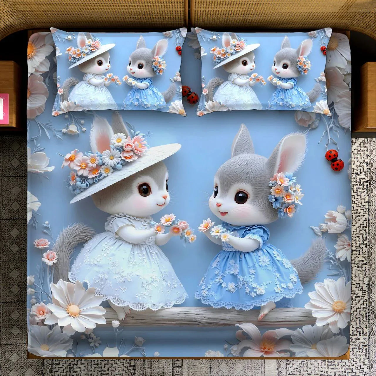 Fairy Tale Cute Rabbits Double Bedsheet Set – Blue - VIRASAAH