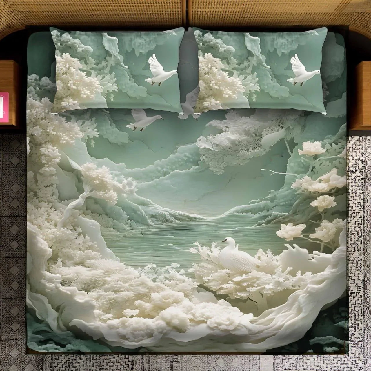 Fairy Tale Flying Doves Double Bedsheet Set – Blue - VIRASAAH