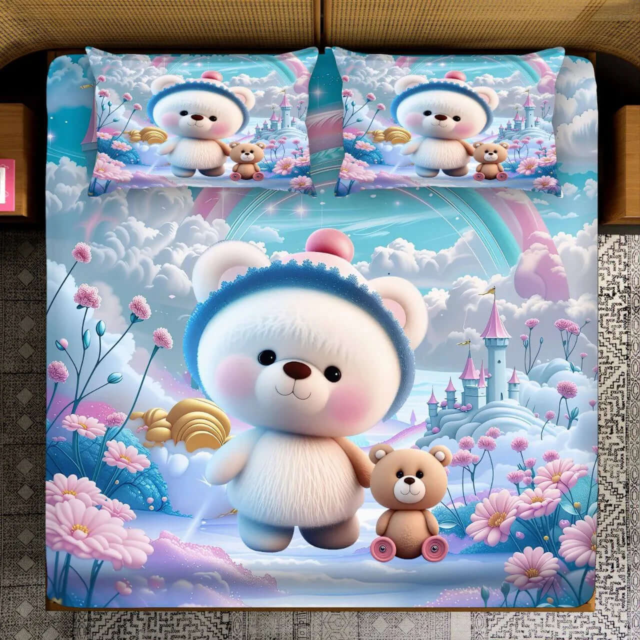 Fairy Tale Flying Doves Collection Double Bedsheet | Digital Print Set – Blue - VIRASAAH